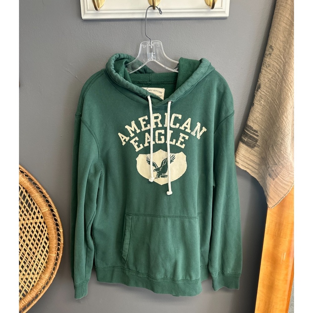Y2K American Eagle Hoodie Mens L Skater Grunge Logo Hood Pullover Grn Sweatshirt